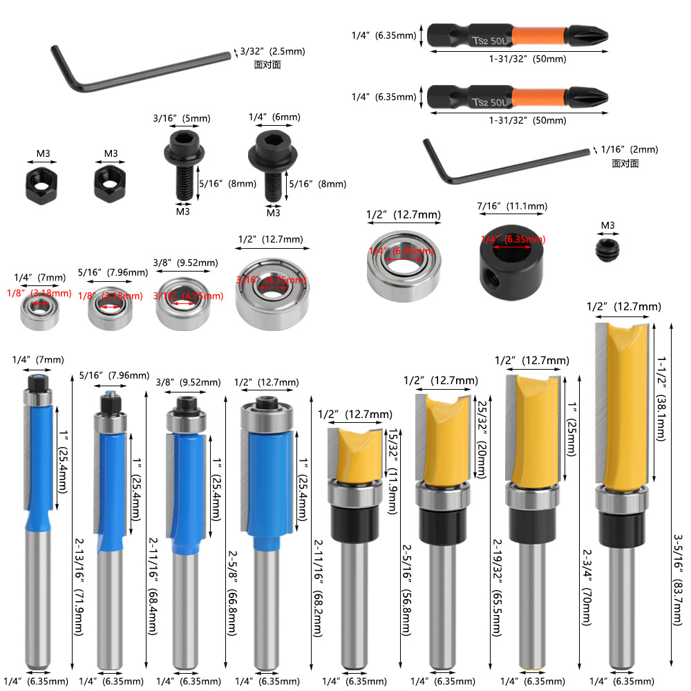 16-piece set 1/4 mango amarillo teniendo cuchillo recto azul recorte cuchillo poco teniendo carpintería cortador de fresado Accesorios