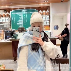 全智贤同款复古黑白格子围巾女冬韩系氛围感拼色双面保暖围脖披肩