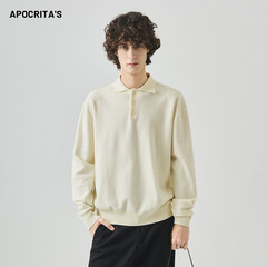 APO男装|跨境男士毛衣秋季老钱风简约宽松翻领POLO长袖针织衫内搭