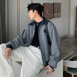 2025新款复古翻领时尚格子外套男宽松休闲百搭夹克上衣潮