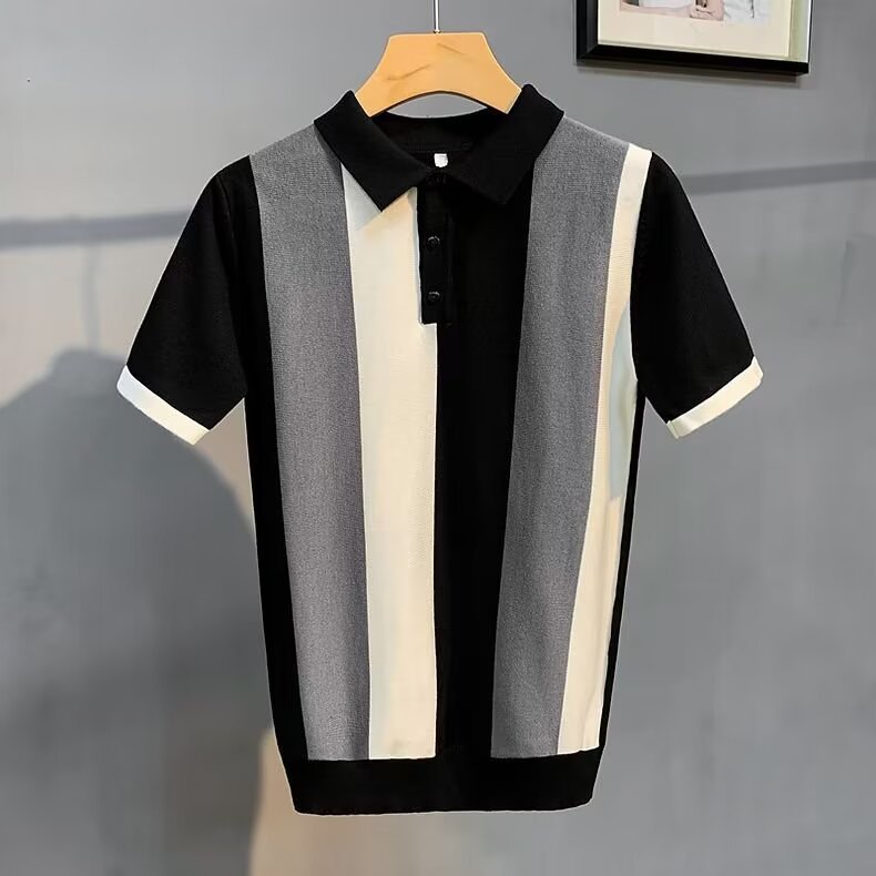 Men's Clothing Summer New Ice Silk Striped Lapel Short Sleeved Sweater Men's Fashion Youth Trend All Match Casual Tops Trend_viptrois.com