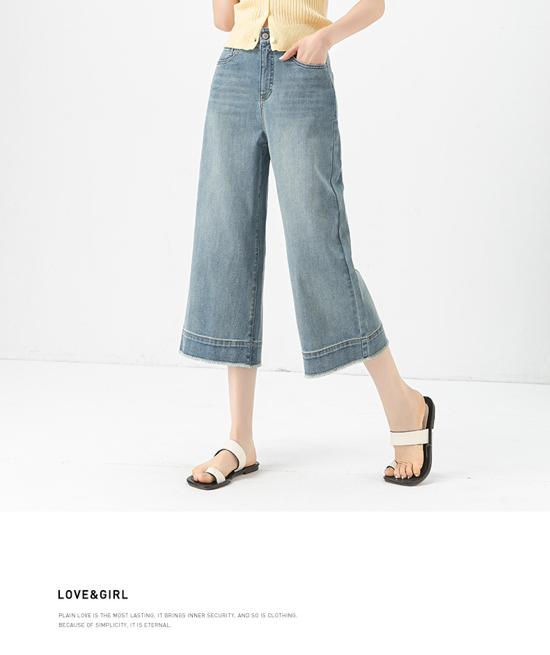 Quần jean nữ ống rộng cạp cao, chất liệu cotton pha linen mỏng nhẹ, dáng suông rủ, gấu tua rua — xanh lam chi tiết 26
