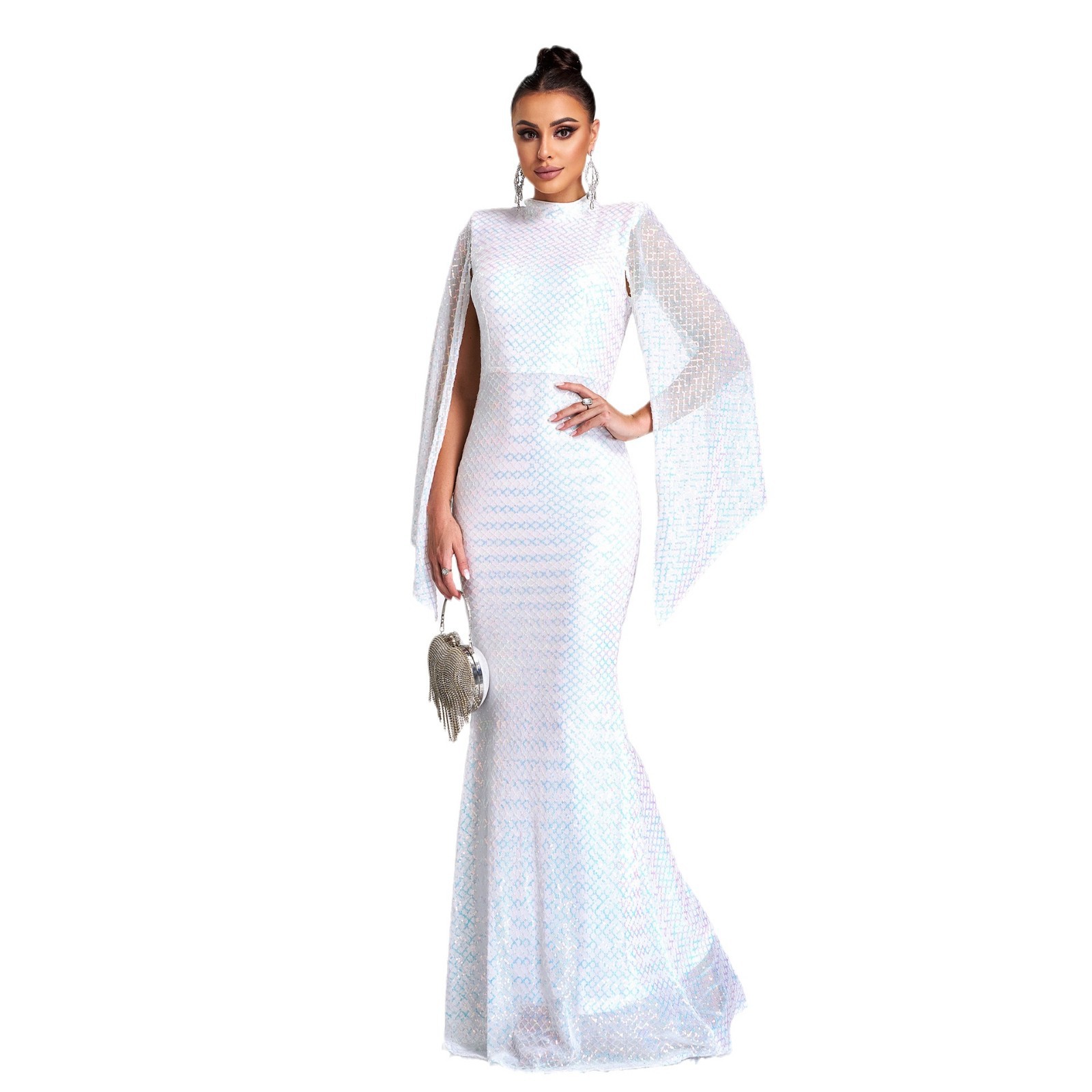 European And American High End Long Sleeved Temperament Round Neck Sexy Long Sequined Banquet Evening Dress Bridesmaid Dress Dress Female_voghion.com