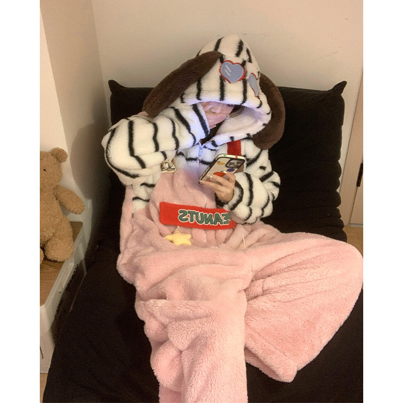 甜美软萌系粉色大耳狗珊瑚绒睡衣女秋冬保暖舒适居家连体衣可外穿|undefined