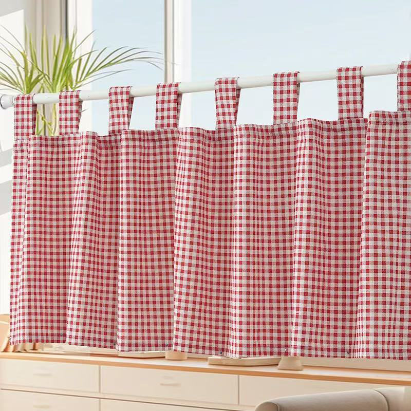 Simple Finished Red and Black Plaid Short Curtain Without Holes Coffee Curtain for Foreign Trade Cross-Border Shipping by Temu Xiyin