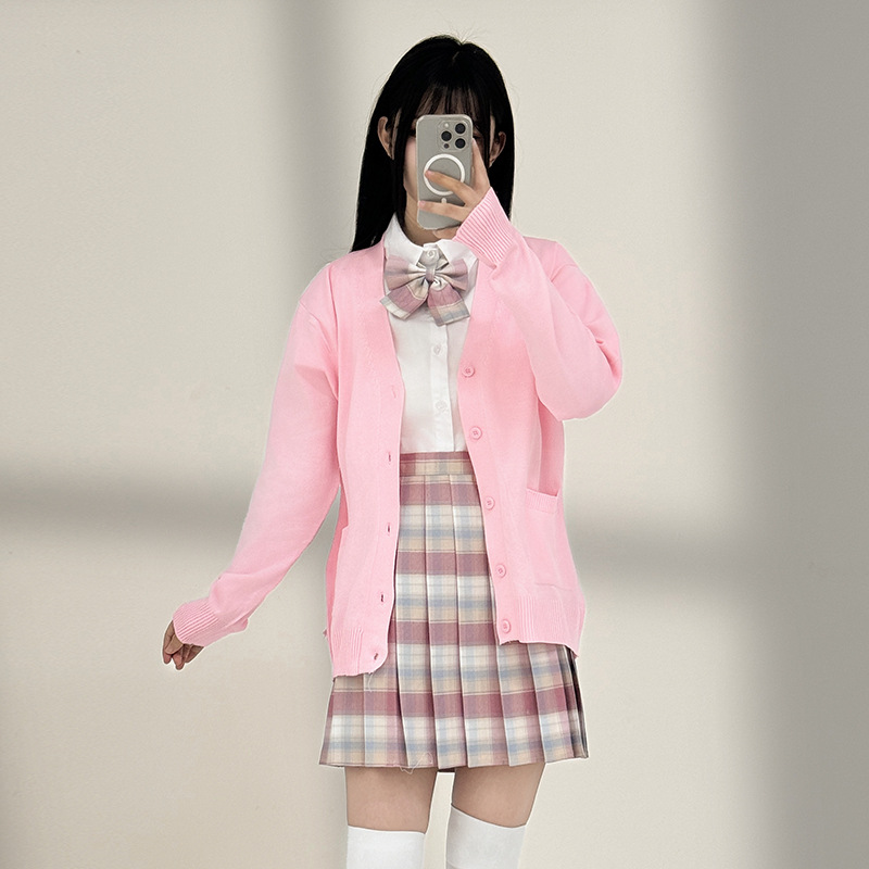 부드럽고 달콤한 핑크 가디건 브이넥 JK 니트 스웨터와 JK 대학 스타일 JK 교복 정장 봄 가을 가디건