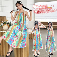 Boys' Strappy Dress Summer 2024 New Style Bohemian Beach Dress for Older Children, Stylish Sleeveless Dress