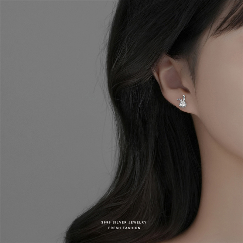 Rabbit Stud Earrings In 999 Silver With Zircon Stones For Women_voghion.com