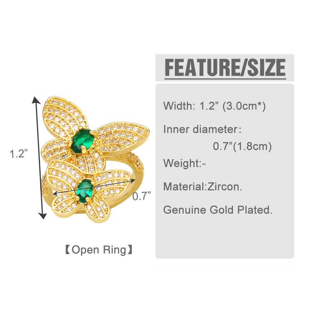 Fashion Butterfly Copper Open Ring Plating Zircon Copper Rings