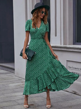 度假荷叶边深V领系绑带短袖雪纺裹身裙印花高开叉不规则连衣长裙