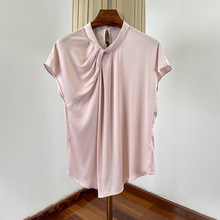 小众设计真丝短袖衬衫上衣女夏！知性OL通勤立领落肩袖桑蚕丝衬衣