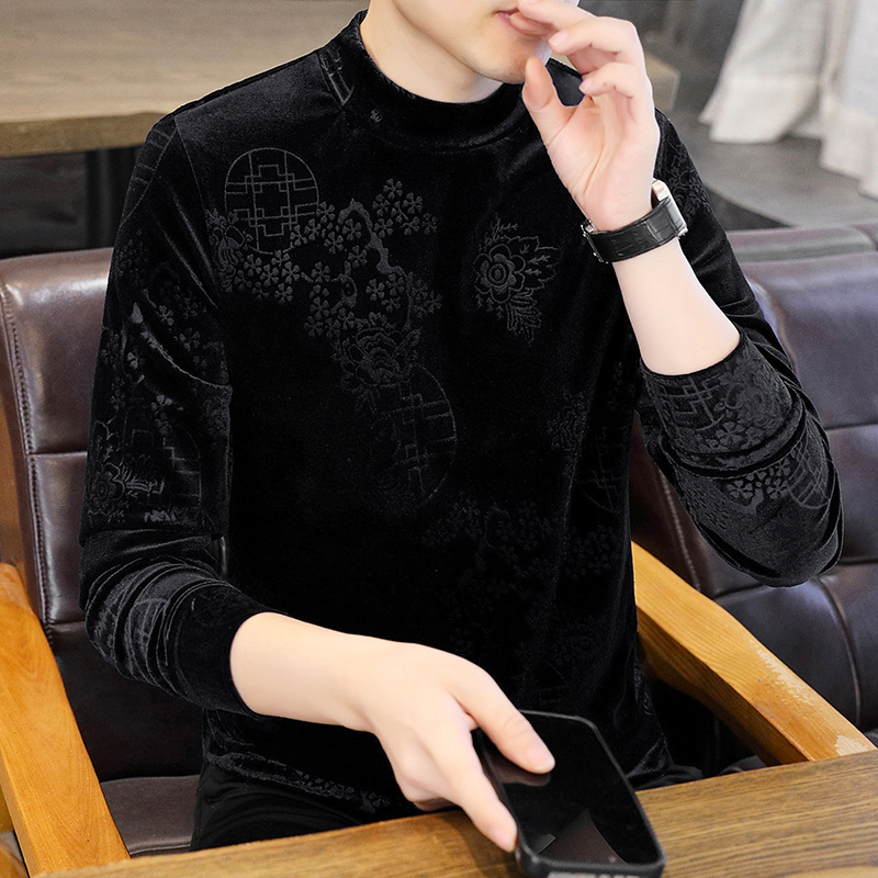 2025 Fall/Winter New Men's Gold Velvet Long-Sleeve T-Shirt with Semi-High Collar, Warm Base Layer Top