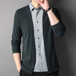 Fashion casual cardigan fake two-piece Men's 2023 Autumn New Korean style simple shirt collar sweater outer wear Men