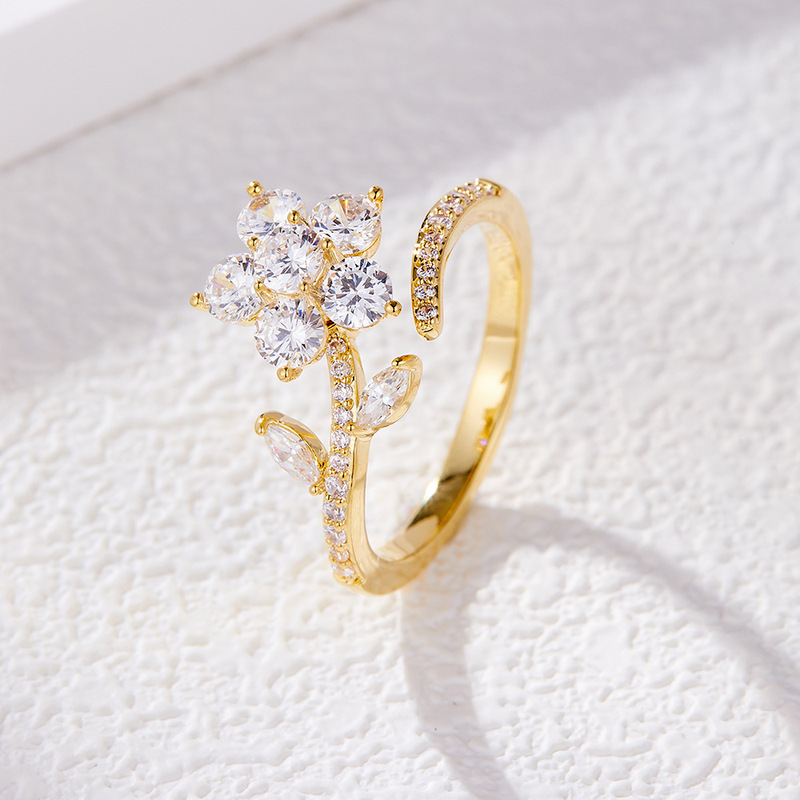 Flash Rotatable Flower Opening Ring Niche Unique Micro-inlaid Advanced Sense Finger Ring Internet Popular Ring Ring