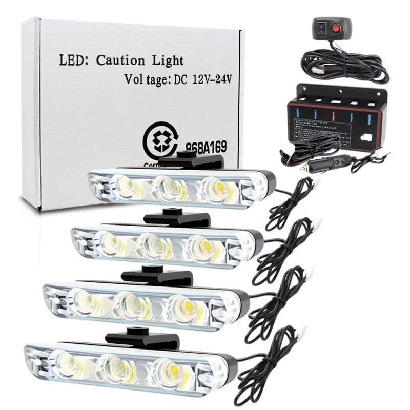 Автомобильная сетка стробоскоп один-на-четыре костюм 3LED длинный красный и синий предупреждающий свет ультратонкий импульсный свет