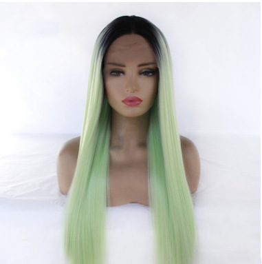 El comercio exterior antes de la peluca de encaje de moda europea y americana gradiente blanco mezcla verde largo recto fibra química tejido medio mano LW0156