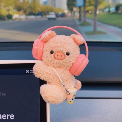 Decoration Ornaments Trendy High-End – Car ornaments - papa-ornaments-free-glue-pink-piggy-pink-headphones-back-milk-tea