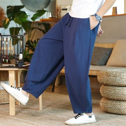 Chinese Style Cotton Linen Men's Pants Summer Thin Vintage Bloomers Loose Wide Leg Trousers Men's Linen Casual Pants