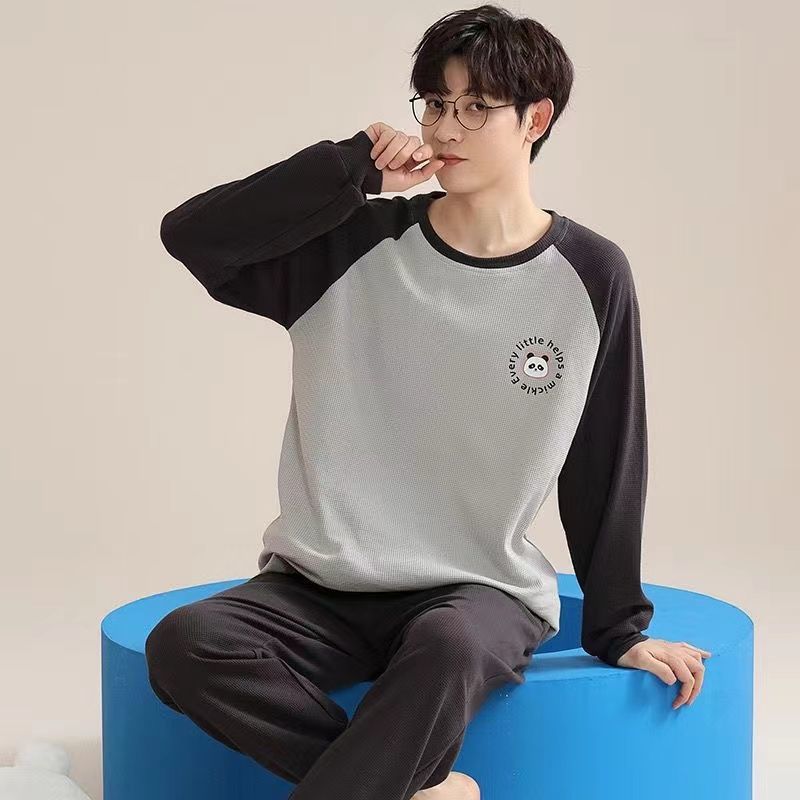 느슨한 남성용 얇은 잠옷 봄, 가을 신작 라운드 넥 긴 소매 플러스 사이즈 청소년 캐주얼 바지 홈웨어 세트