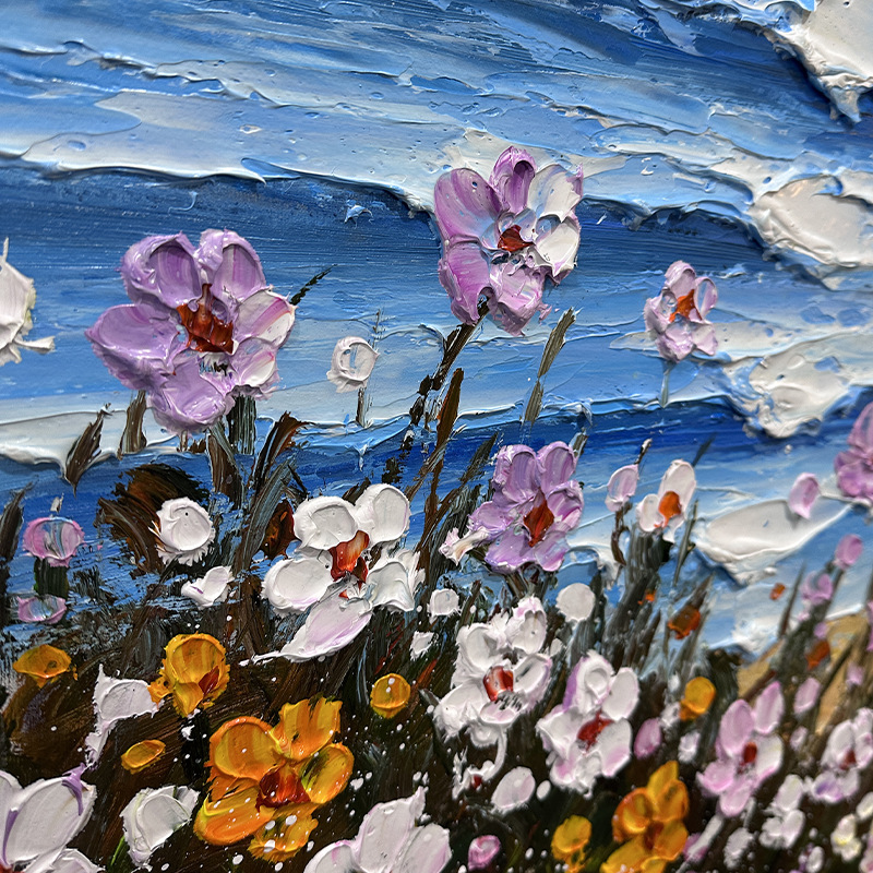 Customized Summer Coastal Dopamine Flower Painting Pure Hand-Painted Oil Painting Texture Painting Living Room Restaurant Hanging Painting Modern Decoration