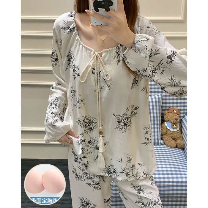 Al por mayor transfronterizo con cojín de pecho pijama de manga larga mujer otoño nubes de algodón princesa viento suelto estilo nacional dulce conjunto de ropa para el hogar