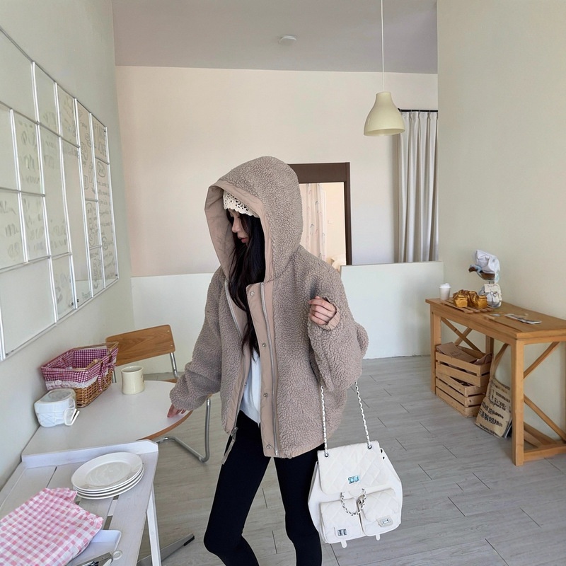 Correct Version in Stock Original Label Goose Women's Double-Sided Wool Fleece Pilot Hooded Jacket Loose and Versatile