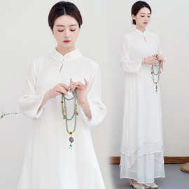 禅意女装丝麻茶服禅修居士服禅舞服汉服连衣裙两件套养生冥想班服