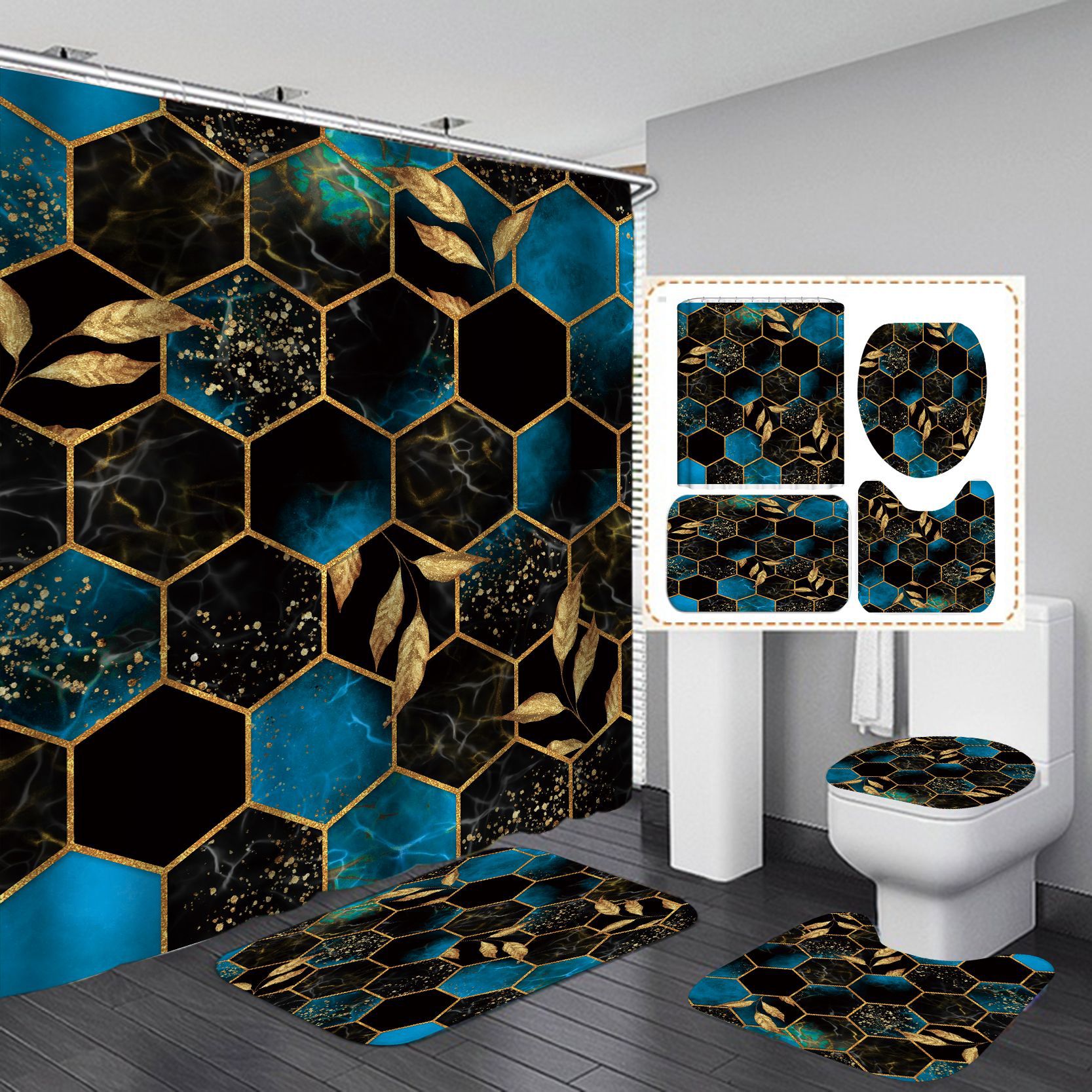 Comercio electrónico transfronterizo HD impresión digital geométrica textura de mármol baño cortina de ducha fuente de entrega cortina de ducha conjunto de cuatro piezas