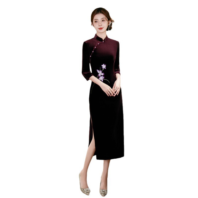 丝绒绣花长款七分袖旗袍2025秋新款时尚改良新中式喜妈妈婚宴旗袍|undefined