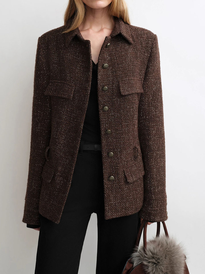 Áo khoác nữ dáng ôm kiểu sơ mi chất liệu dạ tweed lông cừu kèm thắt lưng, dài tay, cổ vest — Màu đỏ rượu Port