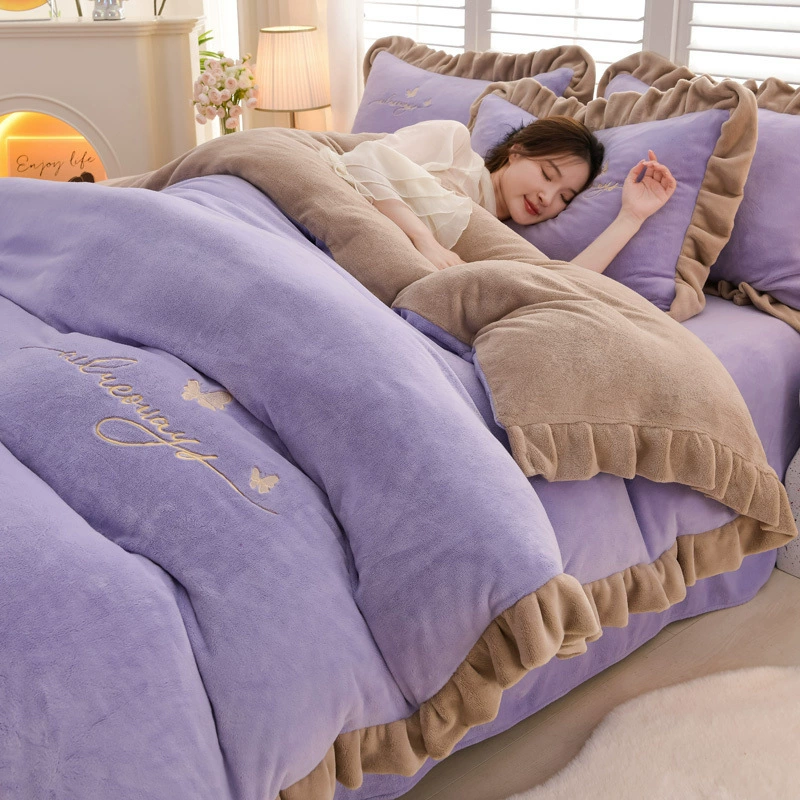 Demi-season velvet autumn warm jeans, double-sided fleece coral duvet cover, flannel set, with embroidery, 4 piece set