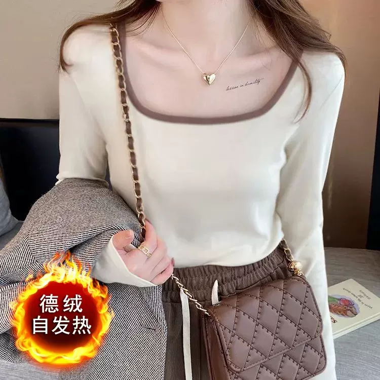 双面德绒保暖打底衫女秋冬季显瘦内搭加厚气质方领百搭长袖上衣女