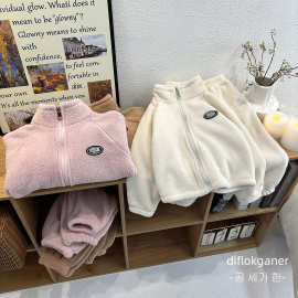 新款儿童双面绒套装秋冬季宝宝保暖毛毛衣两件套男女童立领防风