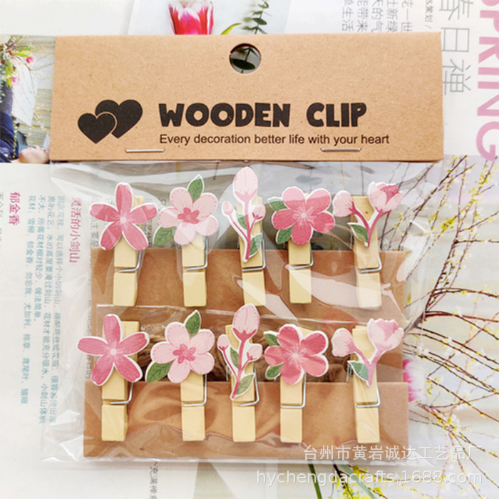 Flower Peach Blossom Kindergarten Hanging Photo Wall Flower Shop Floral Card Cherry Blossom Pink Flower Wood Art Products Small Wooden Clip