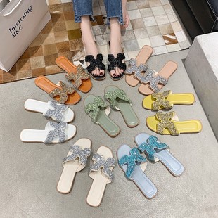 Colorful small broken diamond casual foreign trade plus size slippers 2024 summer new outdoor fashion one word beach slippers