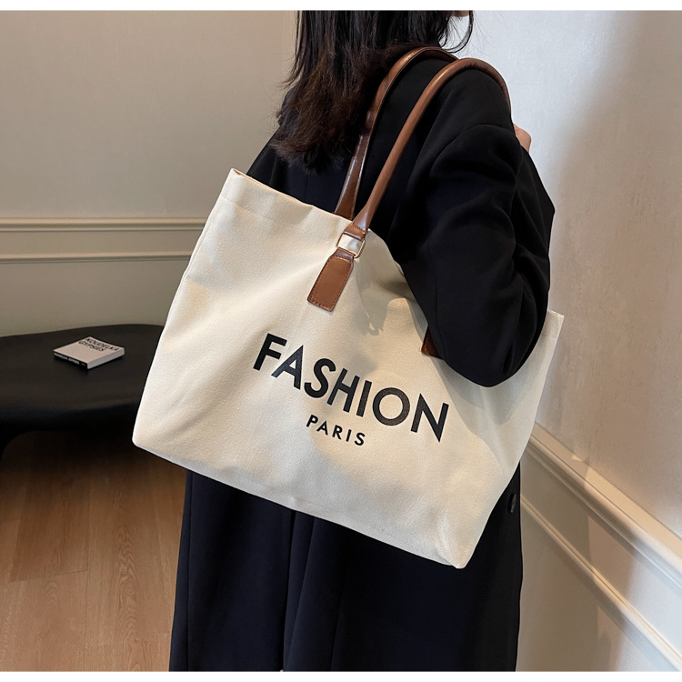262g Weight Polyester Lining Material Open Closure Type Single Shoulder Strap Strap Type Tote Bag Bags Type Holiday, Daily Occasion Canvas Material Letter Pattern All Seasons Season Women's Gender Classic Style Style Square Shape Large Size Women's Large Canvas Letter Classic Style Square Open Tote Bag 18