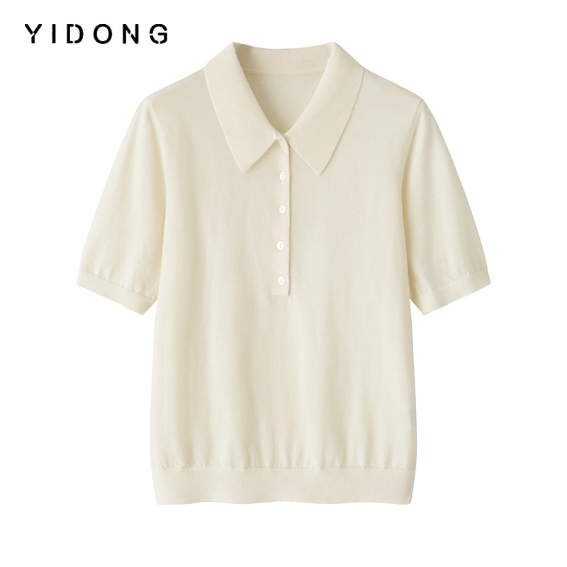 Fine-Spun 16-Gauge Plain Weave Lapel Women's Fitted Regular Shoulder Half-Sleeve Lightweight Pure Cashmere Single-Breasted Pullover Knit Sweater