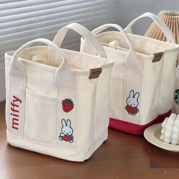 New Rabbit Embroidery Japanese Cute Canvas Bag for Women, Mom, Outing Tote Bag, Lunch Office Worker Handbag for Women