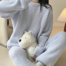 直播秋冬季新款女士半边绒纯色休闲软绵绵家居服套装睡衣可外穿