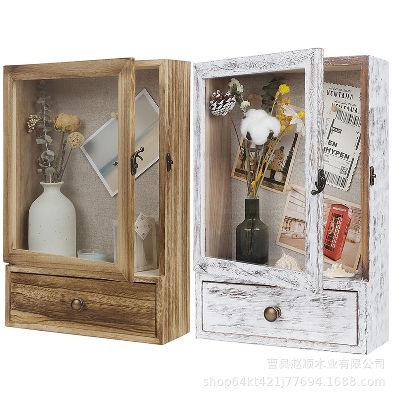 Wooden Dried Flower Photo Frame Shadow Box Frame Country Style Memory Deep Shadow Box with Glass Drawer Medal Commemorative Box