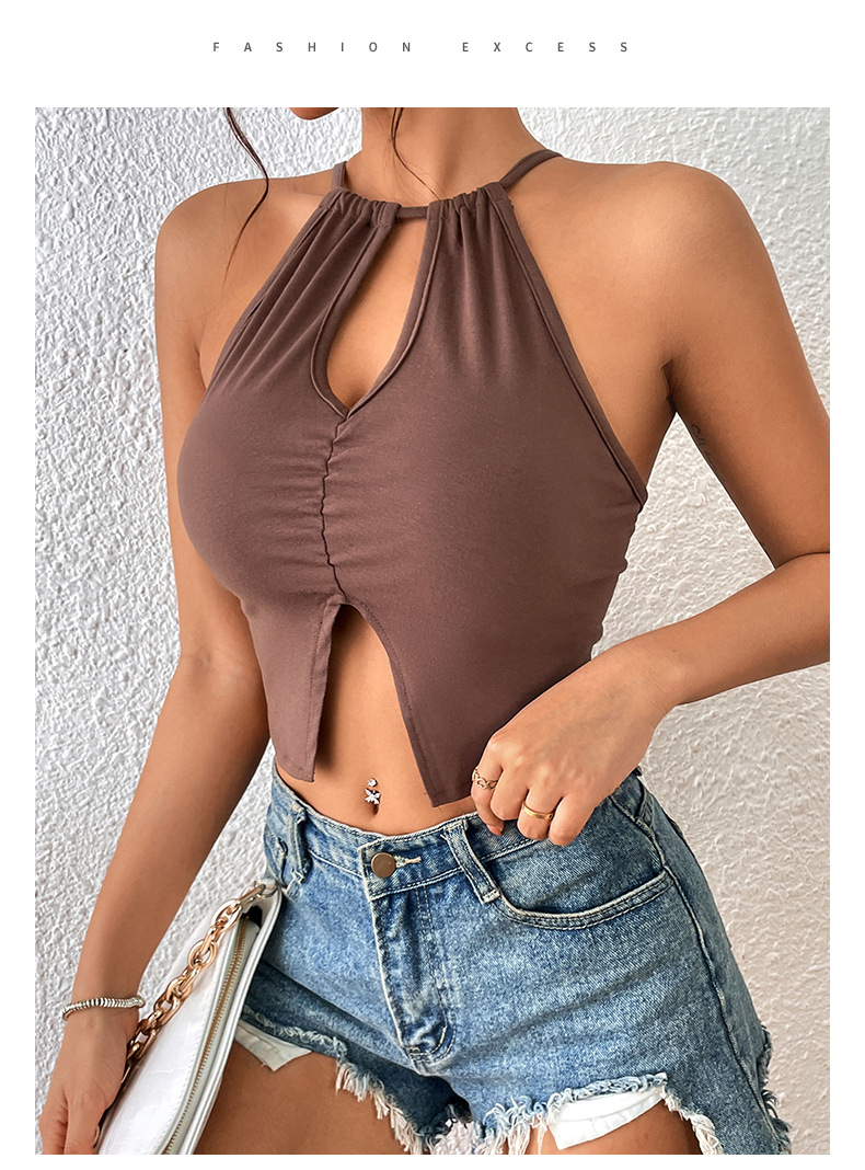 Solid Color Hollow Hot Girl Sexy Tight Halterneck Camisole T-Shirts_voghion.com