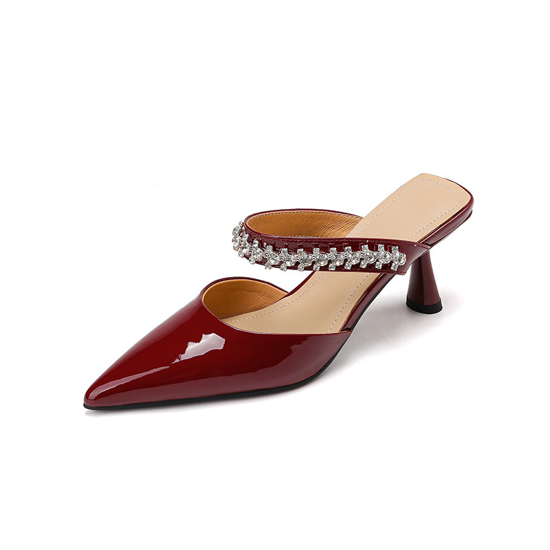Giày sandal cao gót nữ mũi nhọn đính đá kiểu Pháp, gót nhọn 9 cm — đen