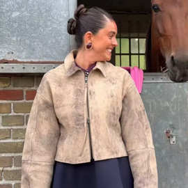 跨境欧美女装速卖通爆款翻领晕染印花长袖夹克外套