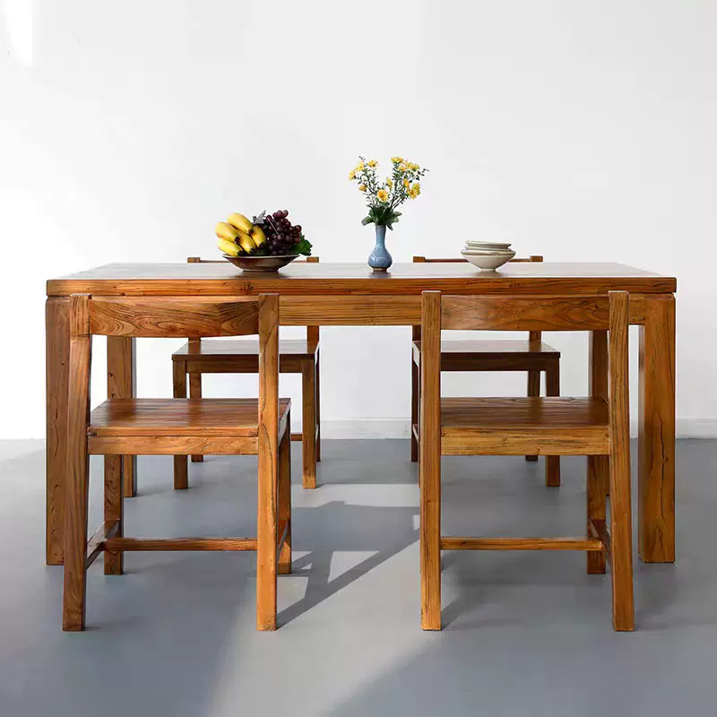 老榆木桌椅面馆饭店小吃店桌椅快餐组合餐厅食堂实木餐桌烧烤桌