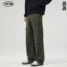 LKTM男装#美式复古水洗石磨纯棉休闲裤男直筒宽松多口袋工装长裤