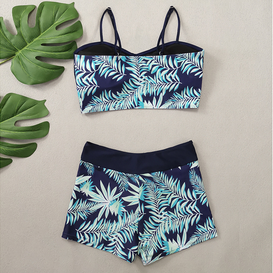 High Waist Lace up Print Swimsuit for Women Split Boxer Style Solid Color Splicing Design European American Foreign Trade 2024 Large Size_ecoleips.com
