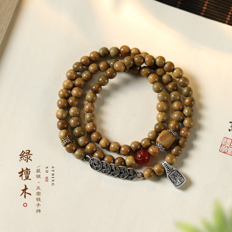 Vintage green sandalwood Taisui symbol three-circle bracelet five emperor money hand card Buddha beads play men's and women's bracelet manufacturers wholesale