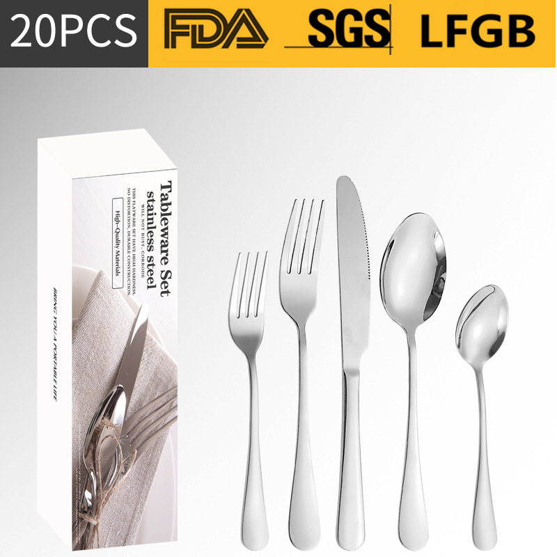 Amazon Venta caliente vajilla de acero inoxidable 20/40/60 unidades conjunto 1010 serie 5 piezas principales caja simple cuchillo, tenedor y cuchara traje