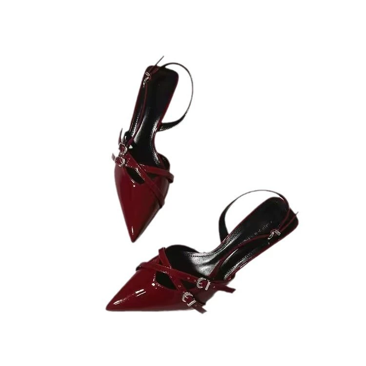Women’s slingback pointed‑toe heeled sandals, slim thin heel, one‑strap buckle, spring/summer 2025