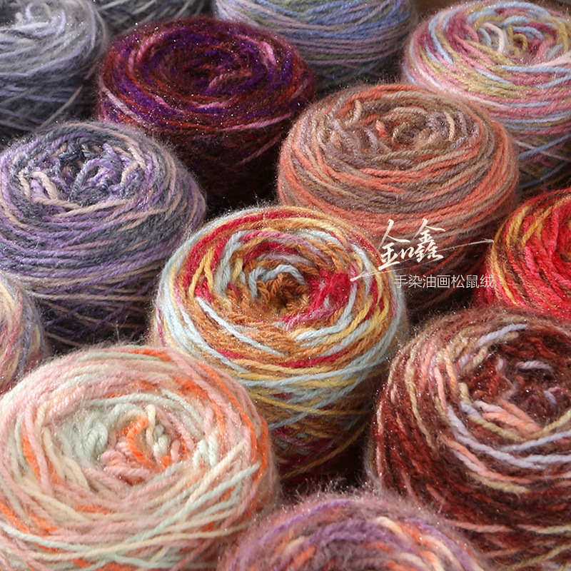 Hand-dyed oil painting-inspired yarn, featuring a patchwork design with squirrel fur-like texture, perfect for knitting scarves, hats, sweaters, and blankets using DIY crochet techniques Hand-dyed oil painting-inspired yarn, featuring a patchwork design with squirrel fur-like texture, perfect for knitting scarves, hats, sweaters, and blankets using DIY crochet techniques